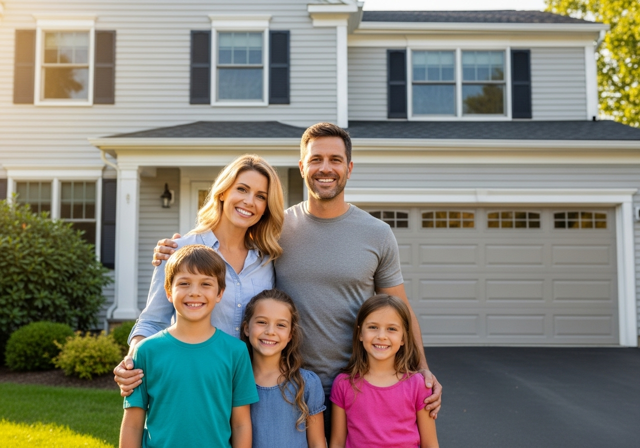 Happy family with their new garage door installation by Peace & Lock